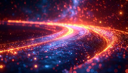 A vibrant, abstract display of glowing particles. A curving pathway of light amidst a dark, swirling nebula creates an ethereal ambiance