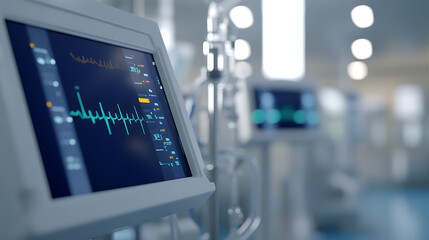 Close-up on a vital signs monitor displaying an EKG waveform in a hospital or clinical setting, ensuring constant monitoring and care in a modern healthcare environment.