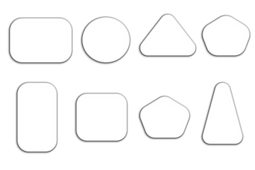 Set of glowing geometric button shapes including circle, rectangle, triangle, and polygon forms isolated on transparent background. Neon light style PNG for web, app, and digital interface design