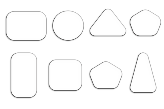 Set of glowing geometric button shapes including circle, rectangle, triangle, and polygon forms isolated on transparent background. Neon light style PNG for web, app, and digital interface design