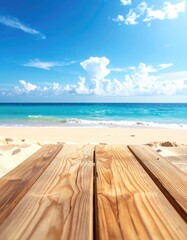 Fototapeta premium Wooden deck overlooking a serene tropical beach with turquoise water and blue sky (1)