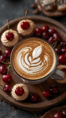 Latte with flower latte art, cupcakes and fresh cherries on a wooden plate.