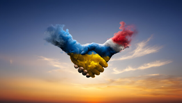 A handshake of clouds: a symbol of the Ukraine-USA alliance - Powered by Adobe
