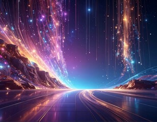 Futuristic landscape with shimmering streams of light and celestial elements