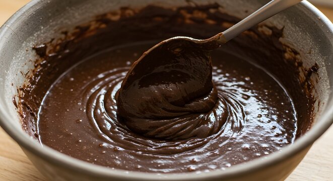 Close-up shot of a spoon mixing thick, dark chocolate batter in a stainless steel bowl