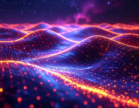 Digital wave pattern with glowing lines and starry purple background - Powered by Adobe