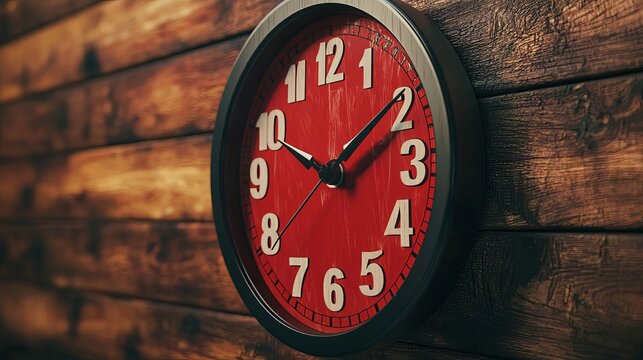 Red wall clock on a rustic wooden background showing 1005