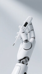 3D Rendered White Robot Hand Holding Digital Thermometer for Medical Tech or Healthcare Robotics Concept