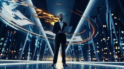 Businessman holds laptop amid futuristic network. Digital hologram swirl forms around figure. City skyline glows at night through bridge glass. Technology and data visualization surround executive. - Powered by Adobe