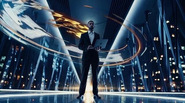 Businessman holds laptop amid futuristic network. Digital hologram swirl forms around figure. City skyline glows at night through bridge glass. Technology and data visualization surround executive.