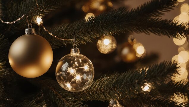 Elegant Christmas Tree with Golden Ornaments and Warm Lighting. - Powered by Adobe