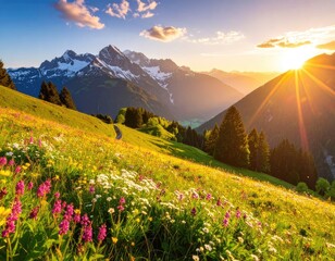 A vibrant mountain meadow with wildflowers at sunrise over snow-capped peaks