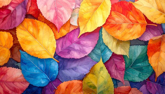Vibrant, abstract depiction of autumnal foliage; a colorful mosaic of leaves showcasing diverse hues