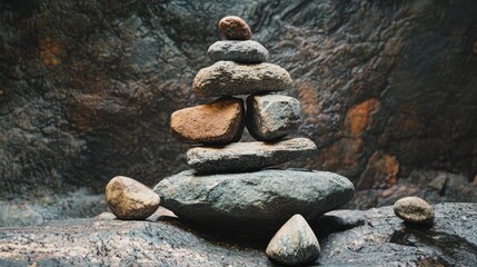Zen Balanced Stone Stack on Wet Rock Surface in a Tranquil Natural Setting