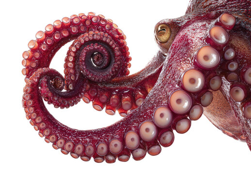 Close-up of a vibrant octopus showcasing tentacles with suckers, a textured body, and an eye