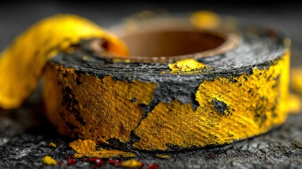 Close-up of a Roll of Worn Yellow and Black Duct Tape, Industrial Grunge Texture and Aged Appearance, Macro Shot - Powered by Adobe