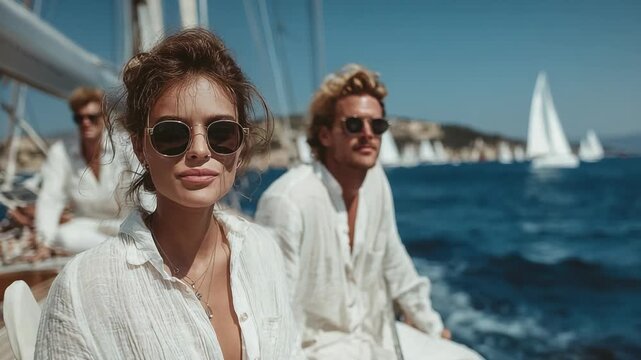 Elegant Couple Sailing on Yacht During Regatta, Wearing Sunglasses and White Linen Clothing, Enjoying Luxury Lifestyle, Sunny Day on the Mediterranean Sea