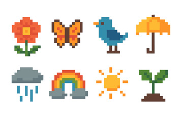 Fototapeta premium Colorful pixel art nature icons with flowers, animals, and weather elements