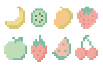 Retro pixel art fruits collection: vibrant 8-bit graphics for digital design