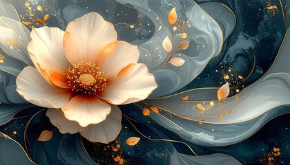 A vibrant, abstract floral design featuring a large, detailed flower in creamy white and peach hues, surrounded by flowing blue and gold elements