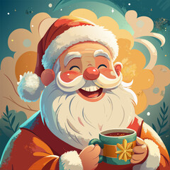 Cheerful santa claus enjoying a hot drink with a twinkle in his eye