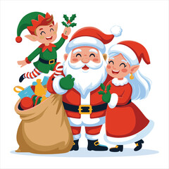 Flat Cartoon Christmas Characters Vector Set - Santa Claus, Elves, and Reindeer