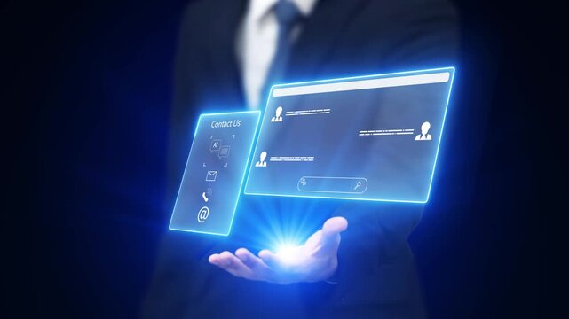 AI-driven contact interface concept displaying chatbot support and virtual communication tools for online assistance visuals.