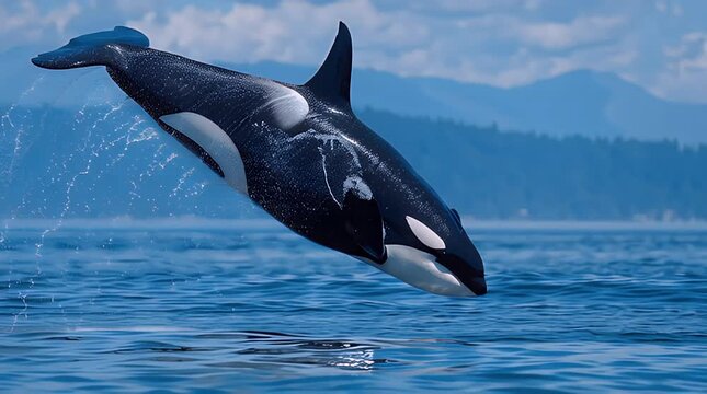 Majestic killer whale breaches from deep blue ocean water, distant mountains