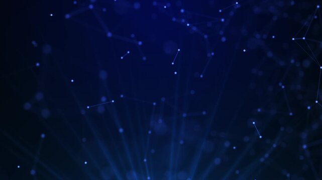 Digital technology plexus animation with moving geometrical shapes and glowing particles forming a virtual data network.