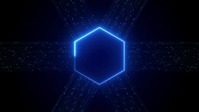 Futuristic blue hexagon data flow background  glowing cyber network lines converging into a central geometric core representing digital connection, technology power, and virtual communication energy.