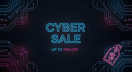 Cyber Sale Neon Signage with Up To 70 Percent Off Promo