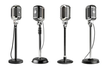 Four Vintage Microphones on Stands Isolated on Transparent Background
