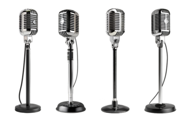 Four Vintage Microphones on Stands Isolated on Transparent Background