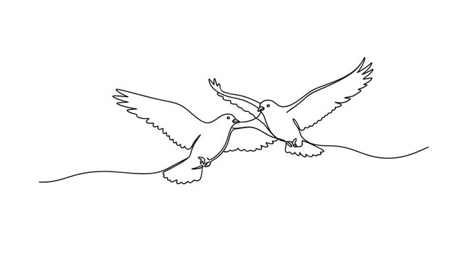 Two doves flying together in a single line drawing for peace love and unity vector illustration art