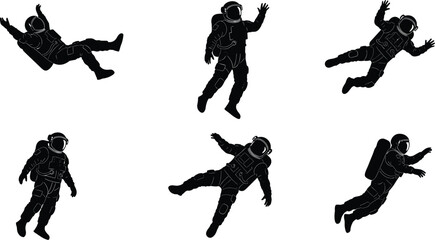 Astronaut Silhouette Vector Set, Zero Gravity Spacewalk Poses, Space Exploration Character Collection, Black and White.