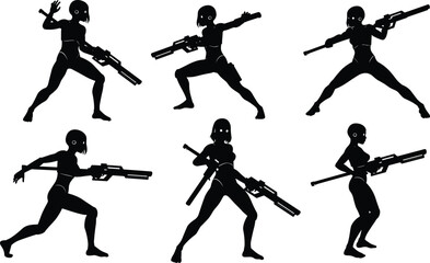 Futuristic Female Cyborg Silhouette Vector, Dynamic Sci-Fi Soldier Poses with Gun and Katana, Game Character Asset.