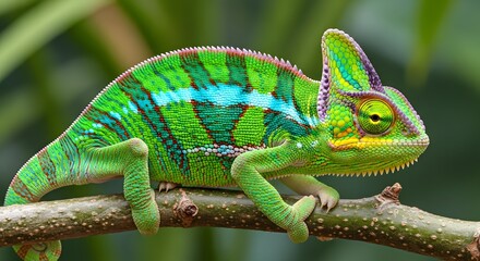 Obraz premium Vibrant Panther Chameleon sits on a textured tree branch Its skin displays stunning green blue purple and yellow scales