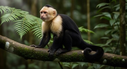 Naklejka premium A white faced capuchin monkey sits attentively on a moss covered tree branch in a lush tropical rainforest