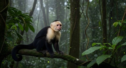 Naklejka premium A white faced capuchin monkey sits attentively on a mossy branch in a lush misty rainforest with green foliage