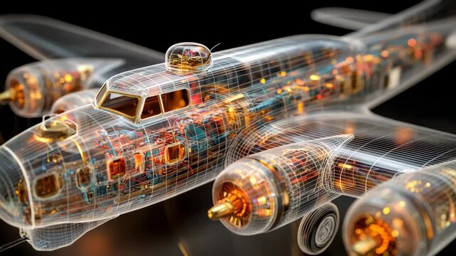 Transparent Airplane Model with Internal Components, Detailed Engineering Design, Technical Illustration, Futuristic Aircraft Concept, Aviation Technology, and Innovation.
