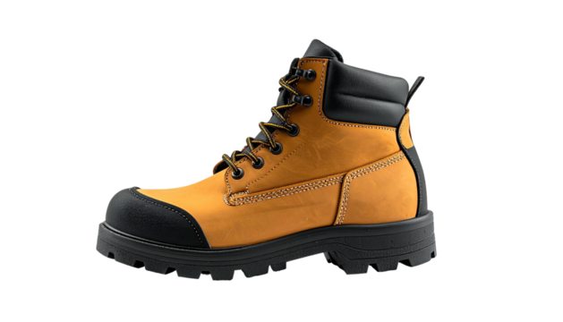 Tan leather work boot with black toe, sole, collar. Side view