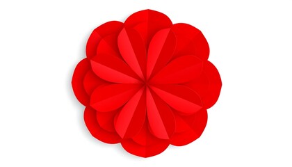 A vibrant, abstract illustration of a layered, symmetrical flower. Crafted from folded paper, with graduated shades of red. The flower sits on a clean, white background