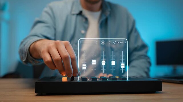 Hand Adjusting Levels on a Clean Digital Audio Mixer Interface. content creator hand precisely adjusting a volume fader on a glowing, translucent digital audio mixer interface.
