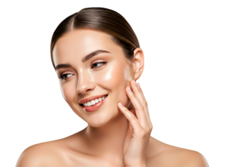 Smiling woman touching her face, healthy glowing skin and natural beauty concept isolated on white background