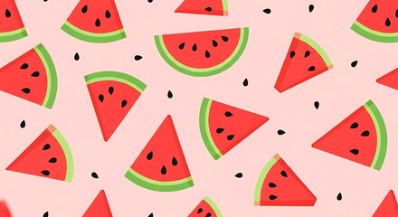 A delightful pattern featuring vibrant watermelon slices scattered across a soft pink backdrop, evoking a sense of summer freshness and playful charm, perfect for designs