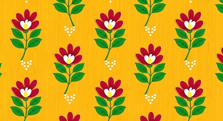 Vibrant seamless pattern featuring stylized red flowers with white centers and green leaves on a textured yellow background, creating a cheerful and botanical design
