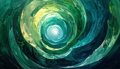 A vibrant abstract illustration of layered, swirling forms in shades of green and blue, creating a tunnel-like optical illusion. The center glows