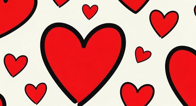 Seamless pattern of red hearts with black outlines on a white background, creating a lovethemed design perfect for valentines day and romantic occasions