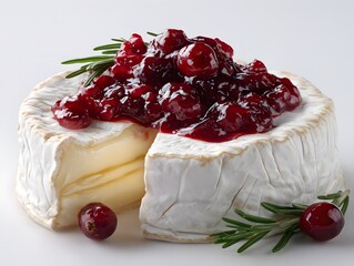 Brie Cheese Wheel with Cranberry Sauce and Fresh Rosemary Topping