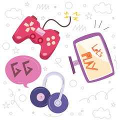 Cartoon gaming setup with controller, headset, and monitor illustration